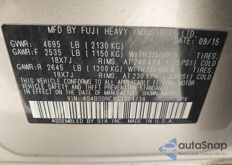 2016 Subaru Outback 2.5I Limited from USA, damaged, VIN 4S4BSBNC8G3221738